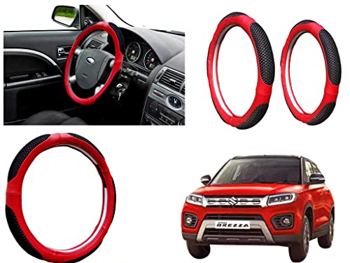 Image of Microfiber Car Steering Wheel Cover, Soft Padding Great Hand Feel, Anti-Slip, Faux Leather Steering Cover for Maruti Suzuki Brezza 2020 | Black Red Jali - Pack of 1