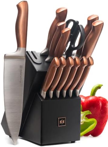 Copper Knife Set with Block - 14 PC Self Sharpening Knife Block Set - Rose Gold Knife Set & Black Knife Block with Sharpener - Rose Gold Kitchen Accessories, Copper Kitchen Accessories and Decor