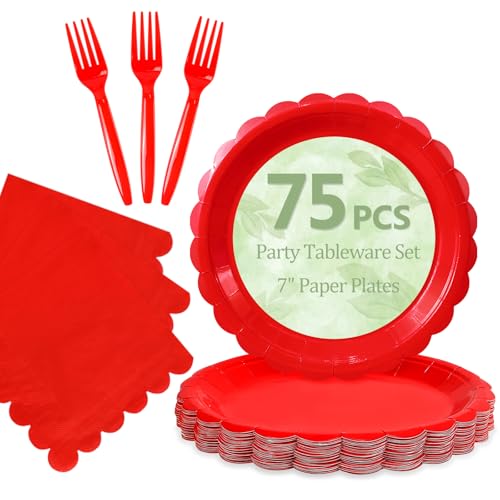 Mulbozy 75 Red Plates and Napkins Disposable Set Includes 25 Dessert Cake Scalloped Plates Cocktail Napkins & Forks for Fork 25 Guests Holiday Party Supplies.