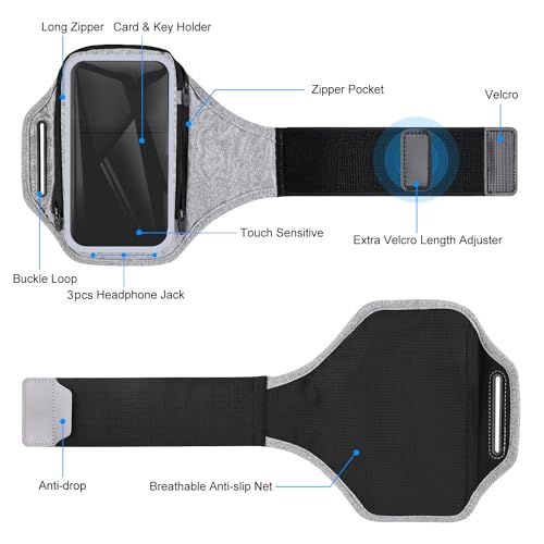 6.8'' Running Phone Holder with Earphone Bag, RAZOBWS Running Armband Phone Holder for iPhone 17 16 15 14 13 12 Pro Plus Max Galaxy S25 S24 S23 S22 Waterproof Armband Accessories with Car Key Pocket