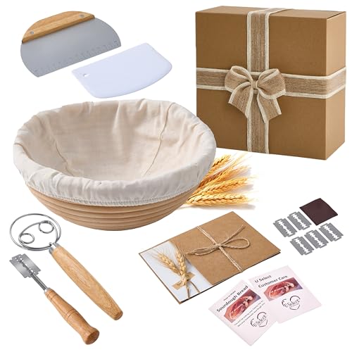 U Select Sourdough Starter Kit Ready to Gift Bread Proofing Basket Set with Round Banneton Handmade from Natural Indonesian Rattan Liner Bread Making Accessories How-To Guides and Gift Card in Box