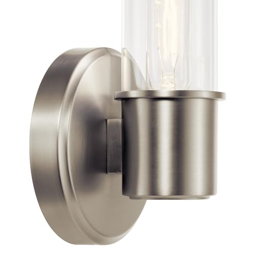 Image of Kichler Aviv 1-Light Wall Sconce, Modern Light with Clear Glass in Brushed Nickel, for Bedroom, Laundry Room, Kitchen or Hallway (13 inch x 5.5 inch), 52653NI
