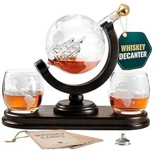 Globe Whiskey Decanter Gift Set by Royal Reserve | Etched World Map Globe Decanter 29 oz 850 ml with Glasses for Bourbon, Liquor – Whiskey Gifts for Men Dad Boyfriend Husband