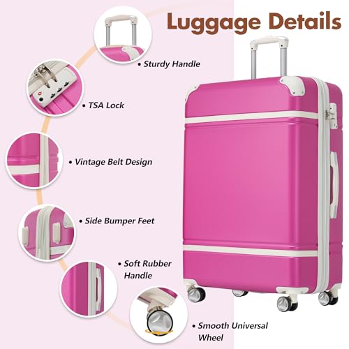 Pink 24-Inch Vintage Suitcase Set with Spinner Wheels and TSA Lock - Lightweight ABS Luggage4
