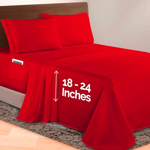 Image of Elegant Comfort Luxurious 1500 Premium Hotel Quality Microfiber 4-Piece Sheet Set, 18-24 Inches Deep - Extra Deep Pocket Sheets - Ultra Soft 4PC Deep Pocket Sheets, Twin /Twin XL, Red