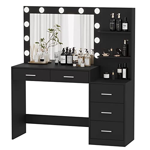 Image of Rovaurx 46.7 inch Makeup Vanity Table with Lighted Mirror, Large Vanity Desk with Storage Shelf & 5 Drawers, Bedroom Dressing Table, 11 LED Lights, Black