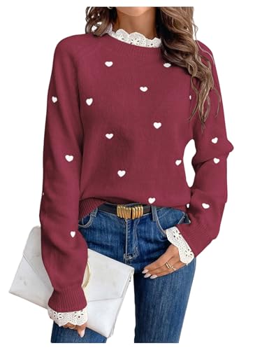 GORGLITTER Women's Heart Lace Cute Cozy Pullover Sweater 2025 Long Sleeve Trendy Knitwear Valentine Sweater Jumper Burgundy Small