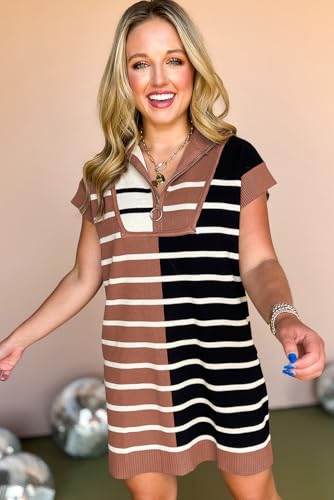 Women's Khaki Stripe Color Block Quarter Zip Collar Short Sleeve Sweater Dress3