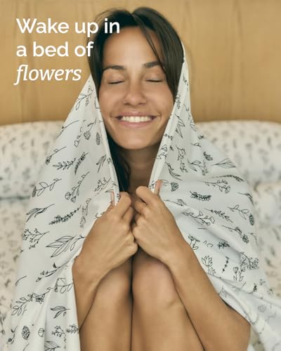 Image of Split King 5 Piece Floral Sheet Set - Soft, Breathable & Cooling - Plants | 1 Flat, 2 Fitted & 2 Pillowcases w / Deep Pockets, Boho Botanical Floral Bedding, Breathable & Cooling, Wrinkle & Fade Free