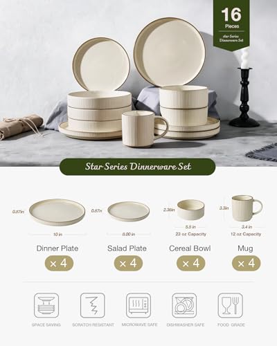 Image of Famiware Star 16-Piece Stoneware Dinnerware Set with Trim, Service for 4 -Ceramic Mugs, Plates and Bowls, Modern Rustic Dishes with High Edge, Chip /Scratch Resistant, Microwave /Dishwasher Safe, Cream