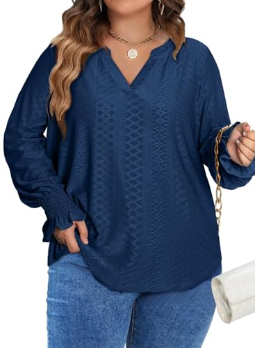 Eytino Women's Plus Size Tops Puff Long Sleeve Split V Neck Loose Casual Dressy Blouse Shirts(1X-5X)