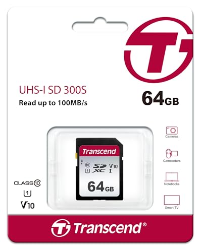 Image of Transcend SDC300S 64GB SDXC SD Card, Compatible with DSLR Cameras /Digital Cameras /Trail Cameras /Camcorder, Up to 100MB /s, UHS-I U1 V10, Full HD, Class 10 High-Speed Memory Card