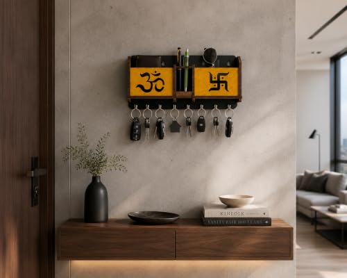 Image of Wooden Om Design TV Remote Mobile Stand Key and Pen Holder for Home, Office, Hall, Living Room Pocket Pen Special Designer Home Furnishing Two Box Wall Mounted Wall Keys Holder