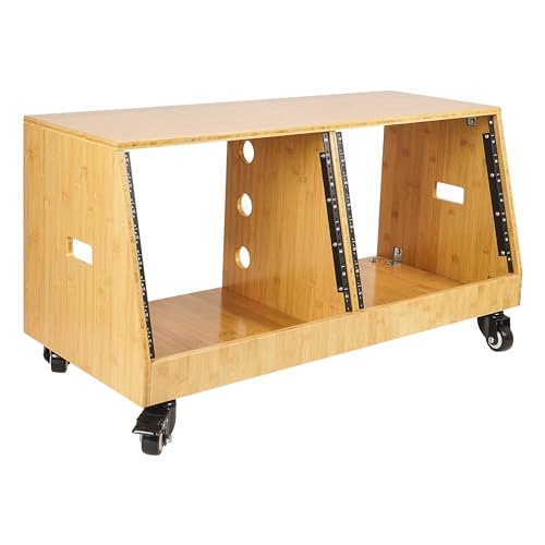 Sound Town DIY 2 x 8U Slanted Studio Rack with Solid Carbonized Bamboo, Casters, for Recording Room, Home Studio (STBR-D8T)