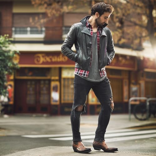 ByErz Men's Western Boots Slip on Pointy Strap Embroidery Fashion Boots Cowboy Low Pipe4