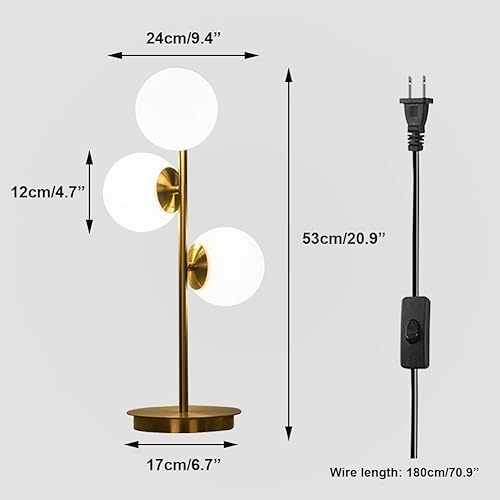 Miniatura 3 de Lámpara de mesa de cristal con 3 luces, moderna lámpara de escritorio de cristal transparente, enchufable, lámpara de lectura de metal dorado de