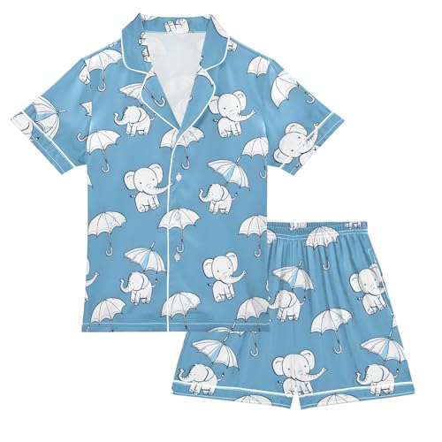 Elephant with Umbrella Summer Satin Pajama Set, Cute Button-Down Sleepwear Pj Set for Sleep Wears