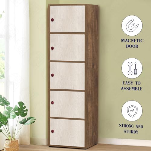 Image of ABOUT SPACE Wooden Cabinet - 5 Tier Storage Cabinet for Living Room with Magnetic Door, Space Saving Book Self for Home, Engineered Wood Kitchen Crockery Unit (Walnut - L 38 x B 38.5 x H 165.5 cm)