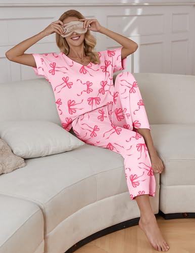 Image of Ekouaer Pajama Sets for Women 2 Piece Lounge Set Short Sleeve Tops and Long Pants Soft Comfy Pjs Sleepwear Outfits S-XXL