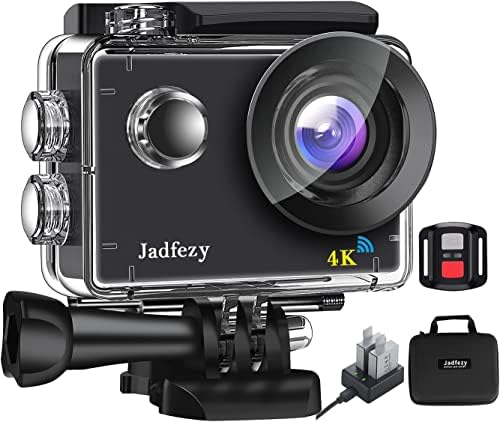 Jadfezy Action Camera 4K with WiFi, Remote Control, Sports Camera with Charger and 2×1350 mAh Batteries, 30M/98FT Waterproof Camera Mounting Accessories for Helmet and Bicycle etc. (4K 30FPS)