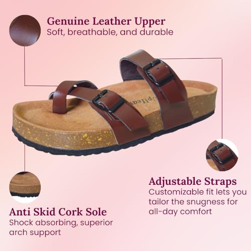 Image of Women's Genuine Leather Slippers | Comfort Sandals | Cushioned Suede Footbed | Anti-Skid Cork Sole | Flip Flips for Everyday Use