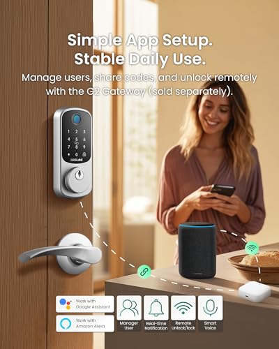Image of DESLOC B200 Fingerprint Smart Lock with 2 Lever Handles, Keyless Entry Front Door Lock Set, Electronic Keypad Deadbolt, App Control, Auto Lock, Long Battery Life,Silver