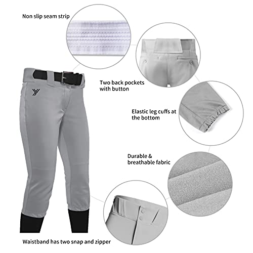 Youper Youth Girls Elite Belted Low Rise Fastpitch Softball Pant (Grey, X-Large) #TOP3