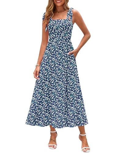 Zattcas Spring Summer Maxi Dresses for Women 2026 Spaghetti Strap Square Neck Cute Flowy Long Floral Milkmaid Sundress Bohemian Boho Beach Vacation Wedding Guest Dress Navy Blue M