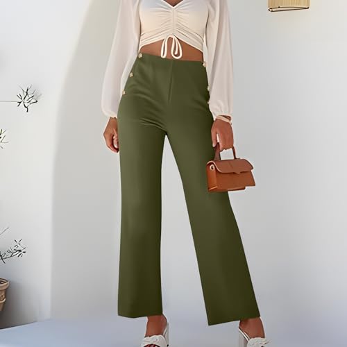 Dressy Work Pants for Women Stretchy Button Side High Waist Business Office Casual Straight Leg Trousers with Pockets2