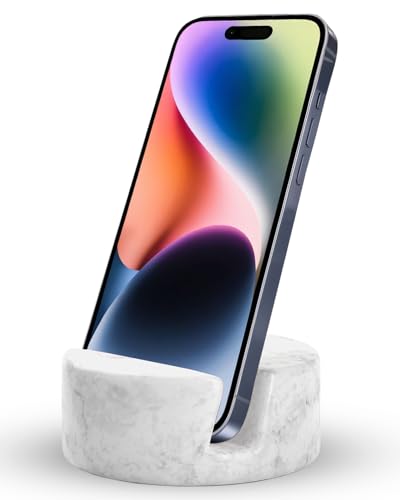 HIGHERHUMAN Crevasse Phone Stand Premium Carrara Marble Cell Phone Holder for Cellphone or Tablet on Your Desk, Counter, Table or Nightstand. Luxurious Solid Real Stone Phone Stand for Recording