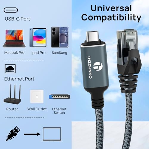 Thzzhnno USB C to Ethernet Cable 10FT, Type C to RJ45 Gigabit LAN Network Cord,Directly Connected,Thunderbolt 3/4 Compatible for MacBook Pro/Air, iPad Pro, iPhone 15 Series,Galaxy S24, Windows by Thzzhnno - Image 2