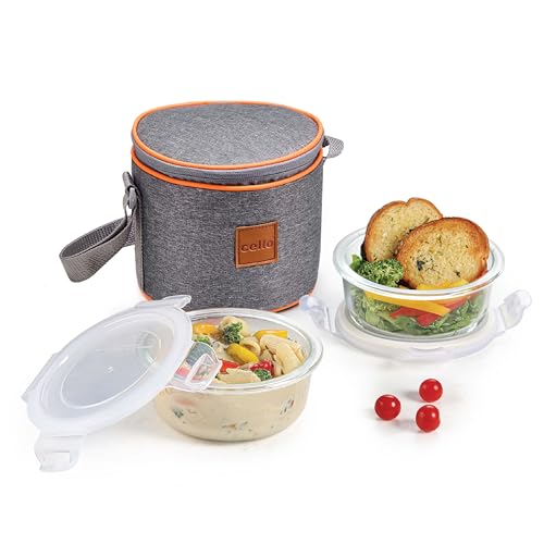Image of CELLO Royale Glass Lunch Box Set of 2 Pcs with Vertical Jacket, Clear | Microwave Safe 2 x 400 ml Round Glass Containers | Leadfree, Leakproof, Airtight Clip Lock Lid Tiffin Box for Office & Travel
