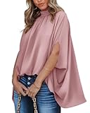 BTFBM Womens Summer Tops 2025 Fall Mock Neck Batwing Sleeve Shirts Loose High Low Hem Oversized Dressy Casual Blouses(Pink, Medium)