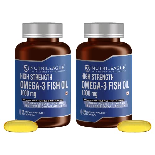 Image of High Strength Omega - 3 Fish Oil 1000 mg | 2X EPA:DHA | Omega - 3 Fish Oil 1000 mg | Softgel Capsules | Good for Heart Health & Brain Function | Nonveg (Pack Of 2)