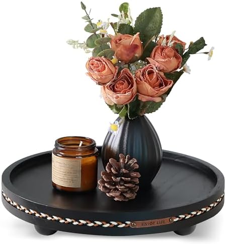 Decor Decorative Round Tray 11.81in for Home Decor for Coffee Table Farmhouse Kitchen Table Living Room Bathroom Centerpiece Tray Decor Black with Stripes
