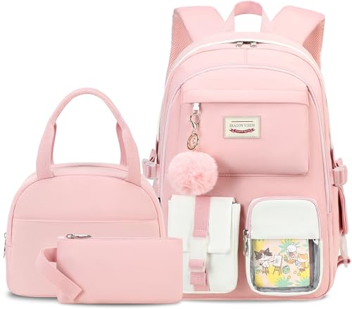 SHADOW VISION Mochilas escolares para meninas, mochila com lancheira, mochila escolar para meninas e adolescentes (rosa)