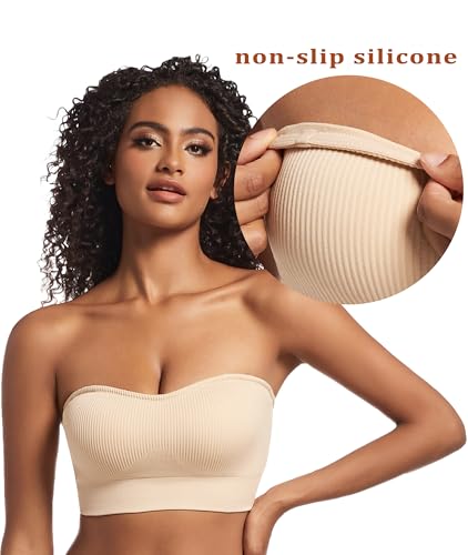 PRETTYWELL Strapless Bra for Women Ribbed Seamless Non-Slip Comfort Padded Wireless Bandeau Bras Wireless Tube Top Bra3