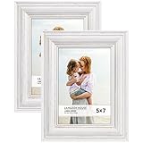 Langdon House 5x7 Real Wood Picture Frames (Weathered White - Gold Accents, 2 Pack), French Country Style Wooden Photo Frame 5 x 7, Lumina Collection