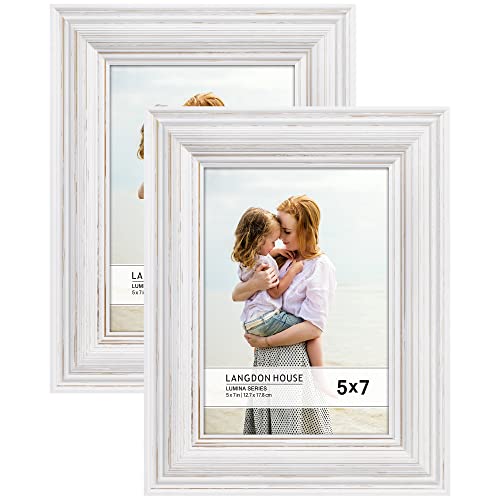 Langdon House - 7x5 Real Wood Picture Frames - Weathered White - Gold Accents, 2 Pack - French Country Style Wooden Photo Frame 7 x 5 - Lumina Collection