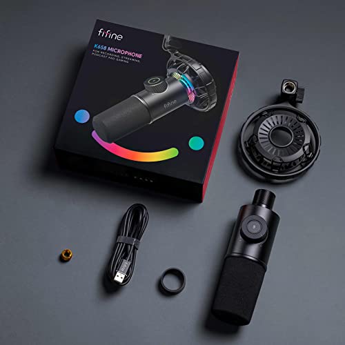 FIFINE USB Gaming Microphone, RGB Dynamic Mic for PC, with Tap-to-Mute Button, Plug & Play Cardioid Mic with Headphone Jack for Streaming, Podcast, Twitch, YouTube, Discord- K658