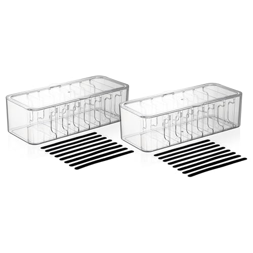 Cord Organizer Box 2 Pack Clear Cable Organizer with Adjustable Dividers Fits Up to 10ft Cables Cord Storage Organizer for Chargers & Tech Accessories Includes 16 Velcro Ties