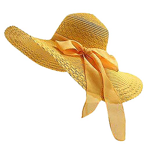 NRUTUP Women Colorful Big Brim Straw Bow Hat Sun Floppy Wide Brim Hats Beach Cap Summer Casual Sun Hat Fedora (Yellow,Free Size