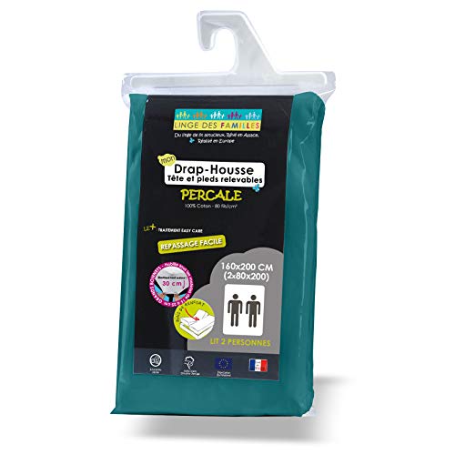 Linge des Familles - Drap Housse 2x80x200 pour Lit Articulé 160x200 TPR - 100% Coton Percale - Bleu Canard - Grand Bonnet 30 cm - Elastique Tout Autour - Oeko-TEX®...