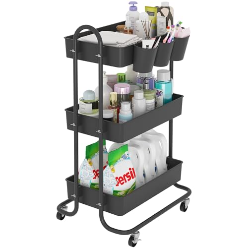 Image of Sywhitta 3-Tier Storage Rolling Utility Cart with 3 Hanging Cups, Multifunctional Storage Trolley for Kitchen,Bathroom,Living Room,Office, Black
