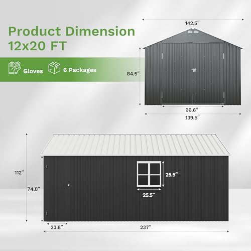 Image of Patiowell 12x20 FT Outdoor Storage Shed, Large Metal Garden Shed with Lockable Doors & Windows, Waterproof Reinforced Tool Shed with Side Door & Air Vents for Cars Trucks Boats, Black