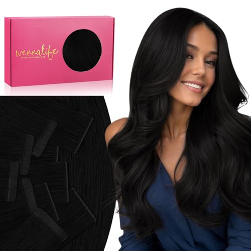 Image of WENNALIFE Invisi Edge & Classic Tape in Hair Extensions Human Hair | 14 Inch 100g 40pcs Jet Black Invisi Remy Hair Natural Seamless Injected Tape Ins (Invisi Edge & Classic)