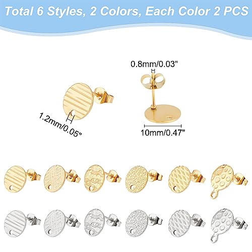 UNICRAFTALE 24 Pcs 2 Colors 6 Styles Flat Round Earring Stud 304 Stainless Steel Stud Earring Findings with Earring Backs Post Earring Textured for DIY Earrings Jewellery Making - Image 2