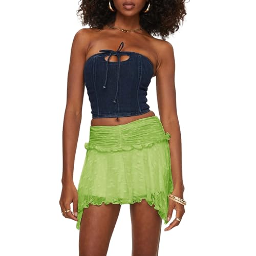 Womens Low Rise Lace Mini Skirt Y2k Layered Pleated Ruffle Short Skirt Flowy Underskirt Fairy Half Slip Skirt