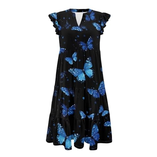 Image of Women's Casual Ruffle Sleeve Dress V Neck Pullover Dress Flowy A-Line Pleated Lightweight Dress with Pockets