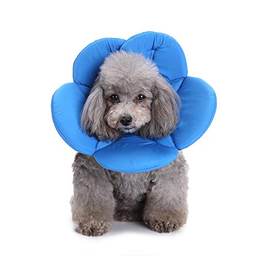Image of Dog Collar, Pet Cone E-Collar Flower Soft Elizabethan Waterproof Grooming Recovery Protecive Adjustable Collar for Puppy Small Medium Dogs (S Neck:9-11in, Blue)